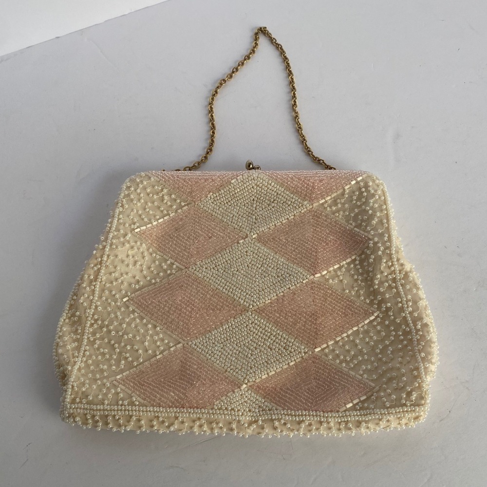 Richere Clutch Bag Womens Small Pink Excellent Beaded Diamond Harlequin Vintage